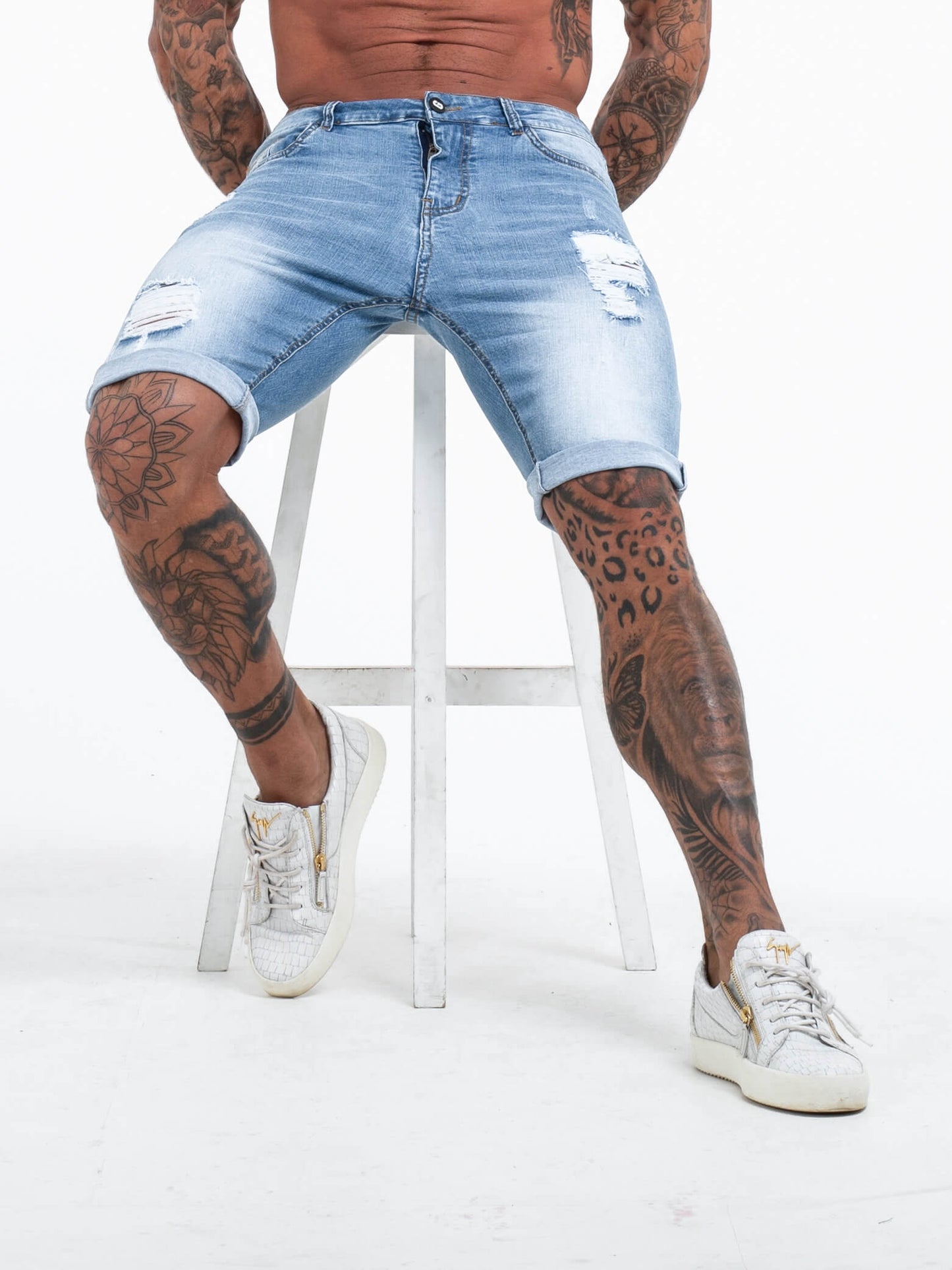 The Vittorio Ripped Denim Shorts - Light Blue