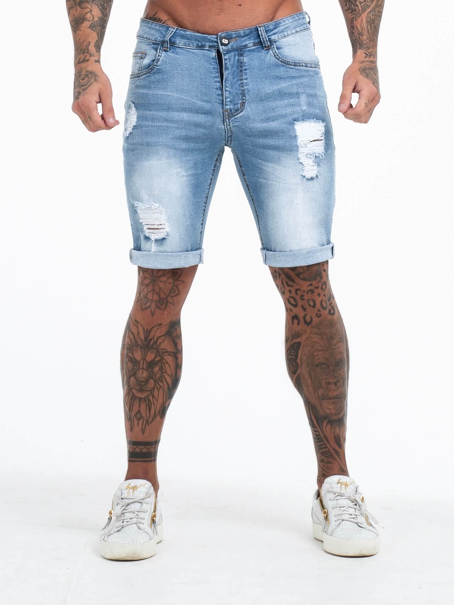 The Vittorio Ripped Denim Shorts - Light Blue