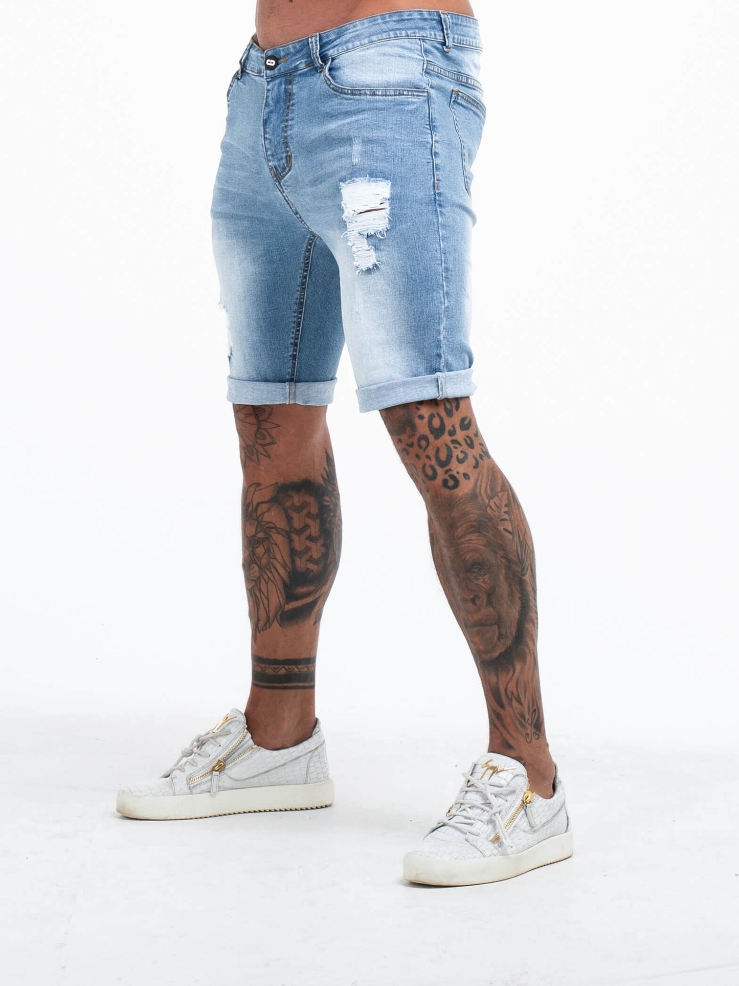The Vittorio Ripped Denim Shorts - Light Blue