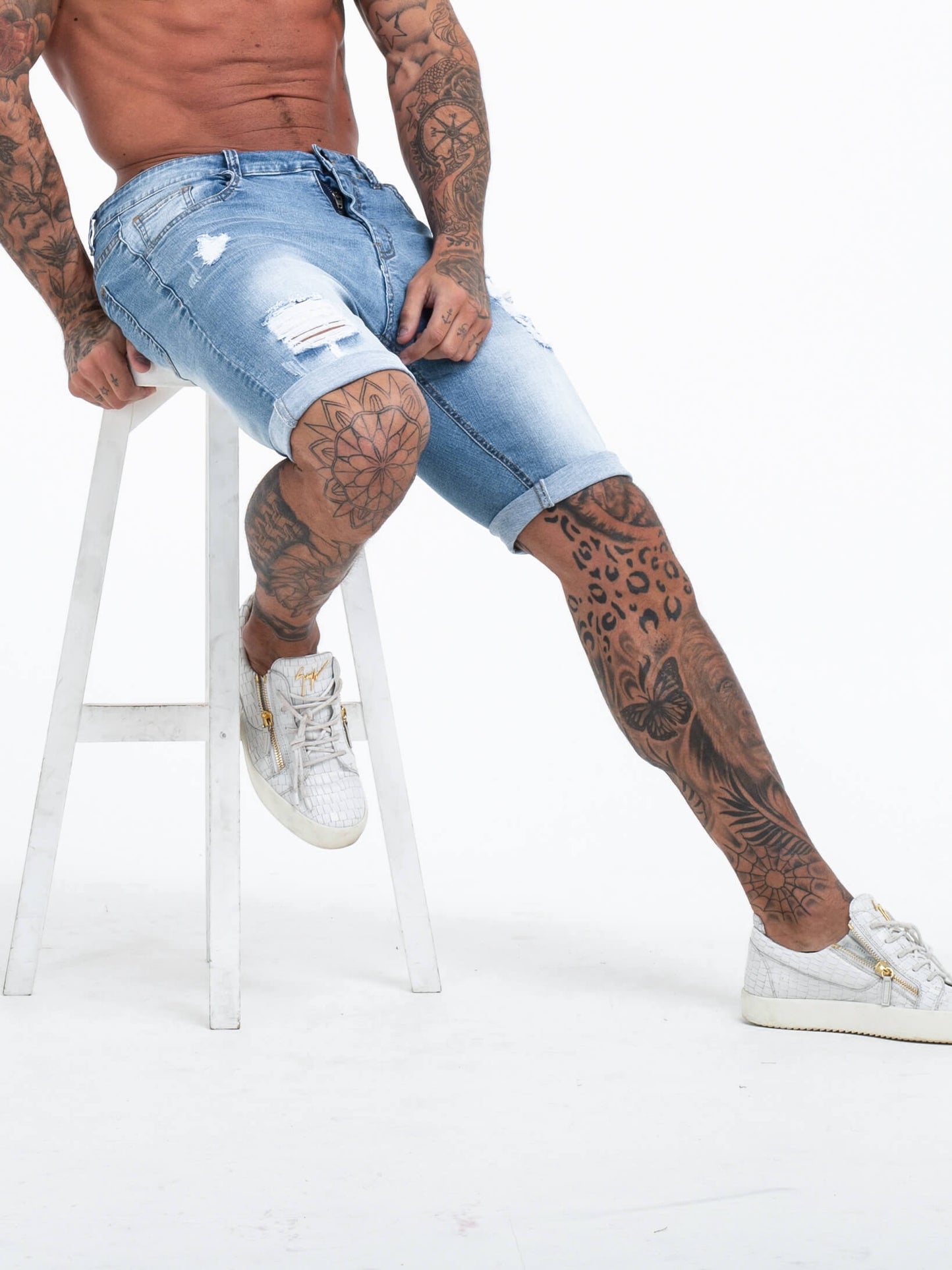 The Vittorio Ripped Denim Shorts - Light Blue