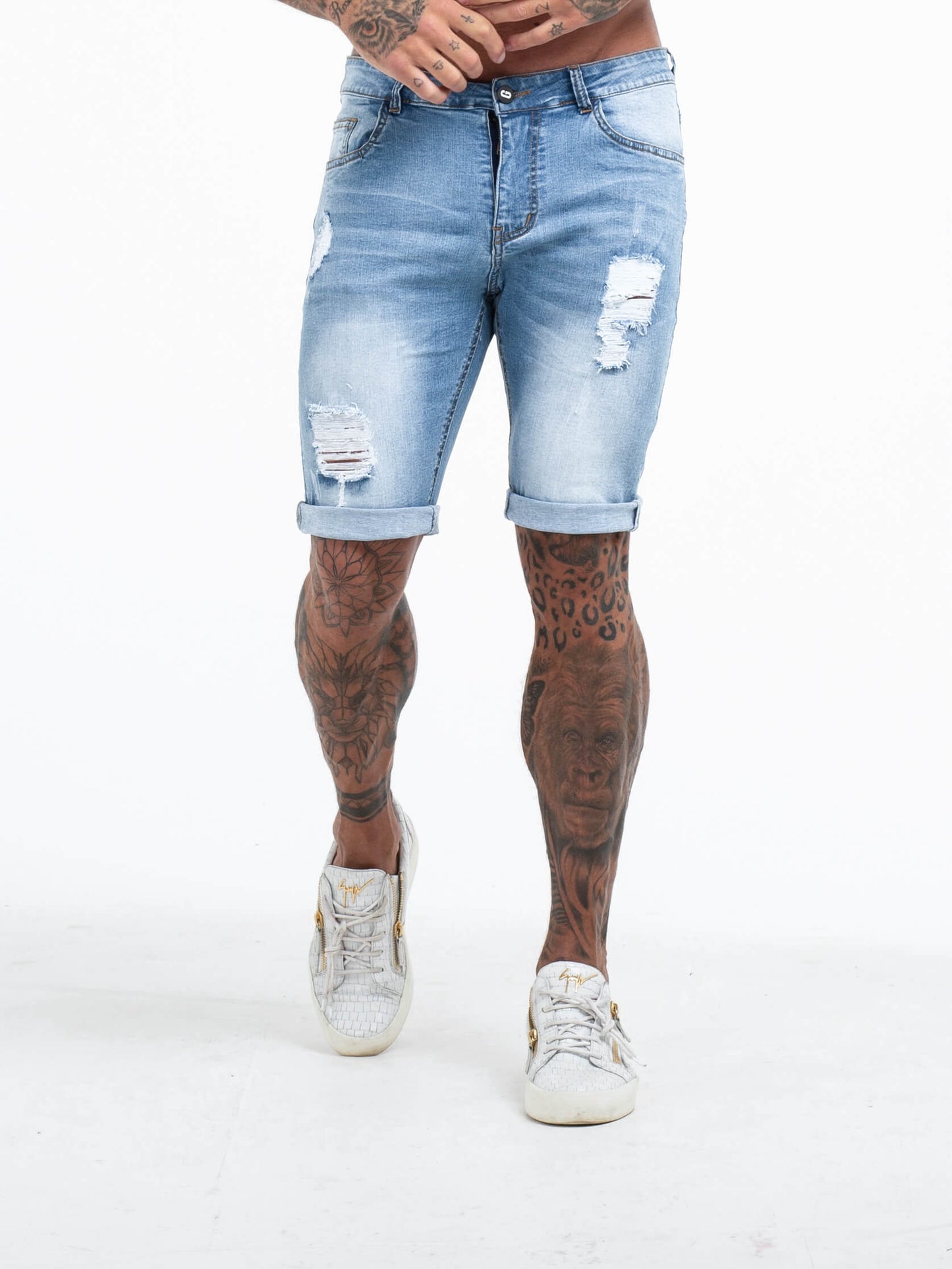 The Vittorio Ripped Denim Shorts - Light Blue