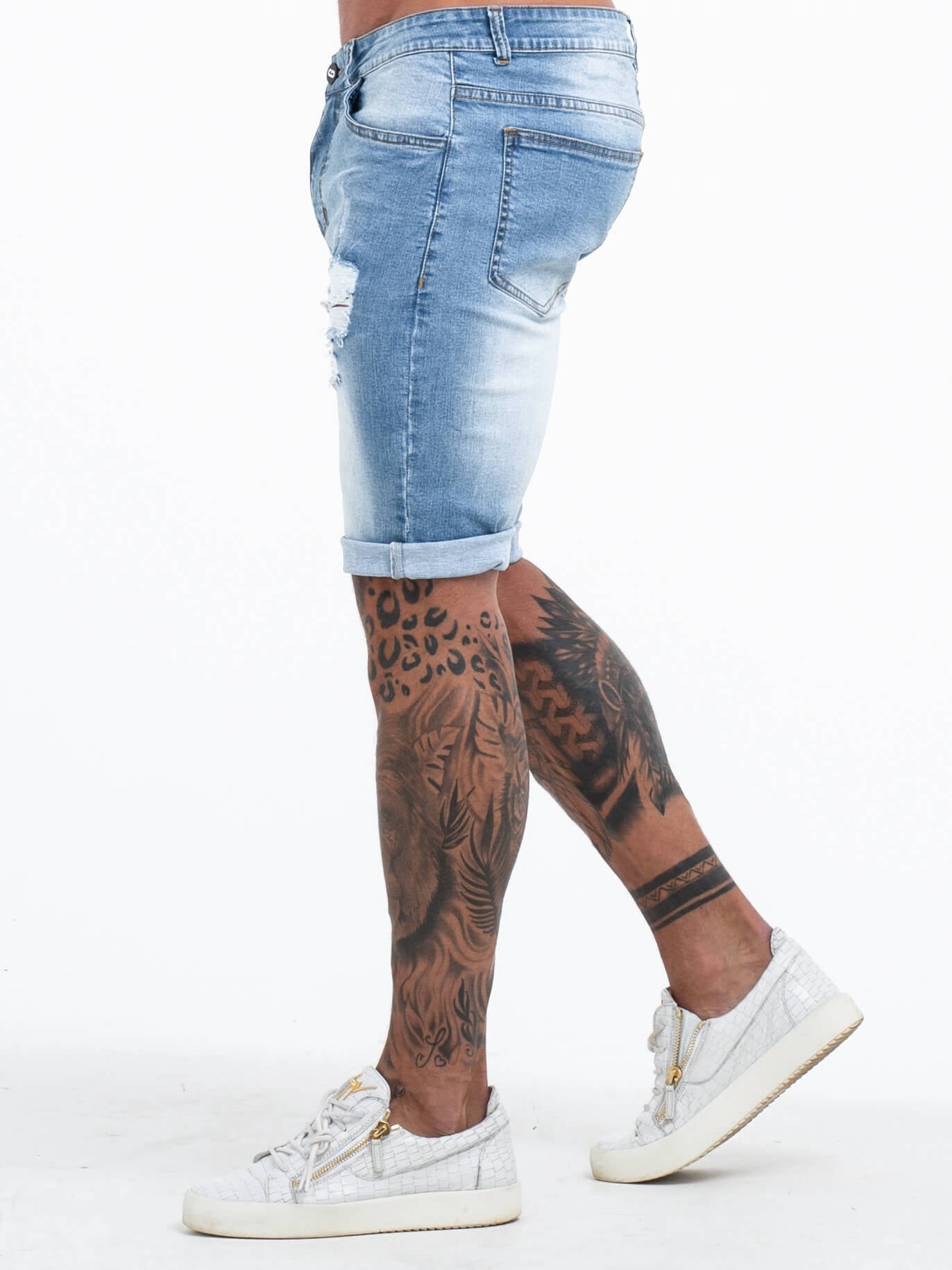 The Vittorio Ripped Denim Shorts - Light Blue