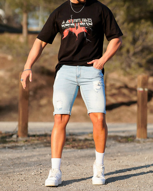 The Vittorio Ripped Denim Shorts - Light Blue