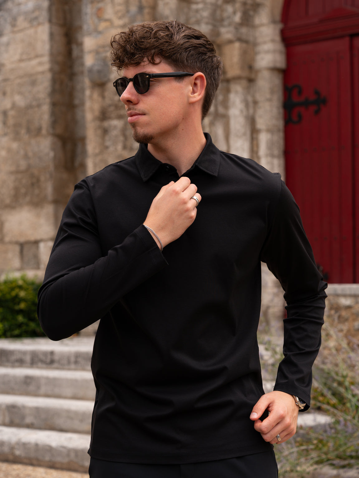 Mercerised Long Sleeve Polo - Black