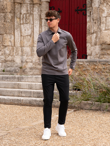 Mercerised Long Sleeve Polo - Grey