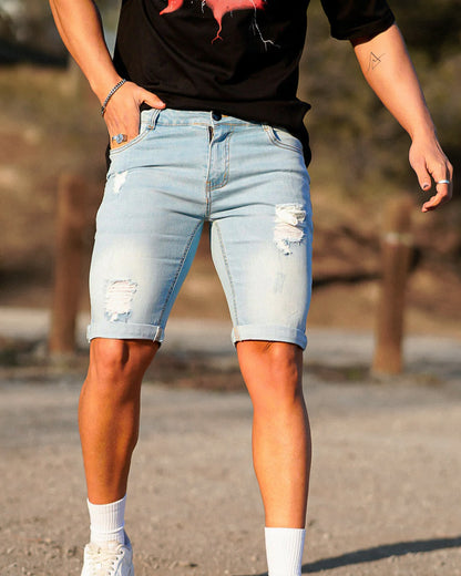 THE VITTORIO RIPPED DENIM SHORTS - LIGHT BLUE